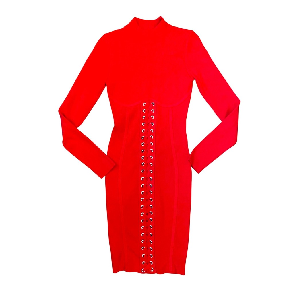 Hera Collection Red Ribbed Mock Neck Lace Up Corset Bodycon Dress Womens Medium
